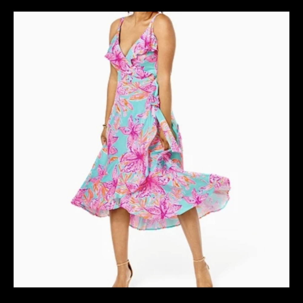 Lilly Pulitzer Fontaine wrap dress M teal/blue,pink & orange. Knee length